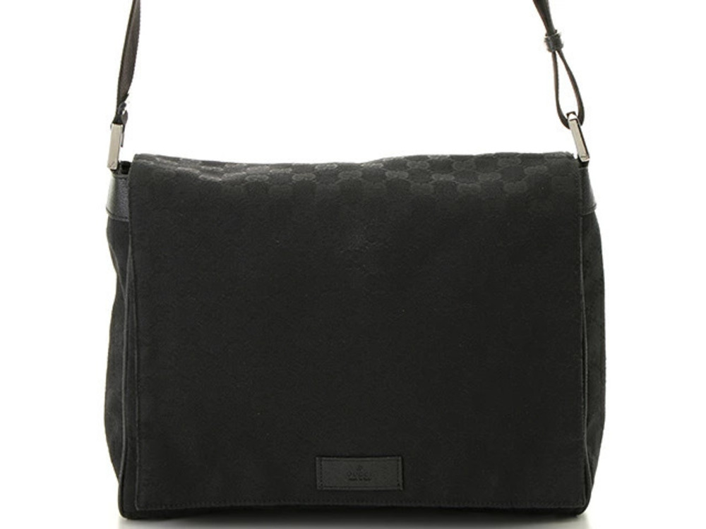 Gucci GG Canvas Messenger Bag Black Leather